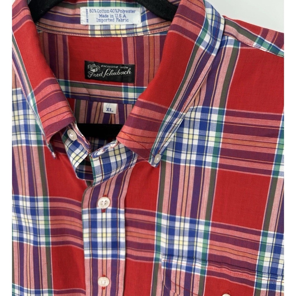 Vintage Fred Schwabach Shirt Mens XL Red Plaid Made USA Short Sleeve 0299 - Picture 2 of 8